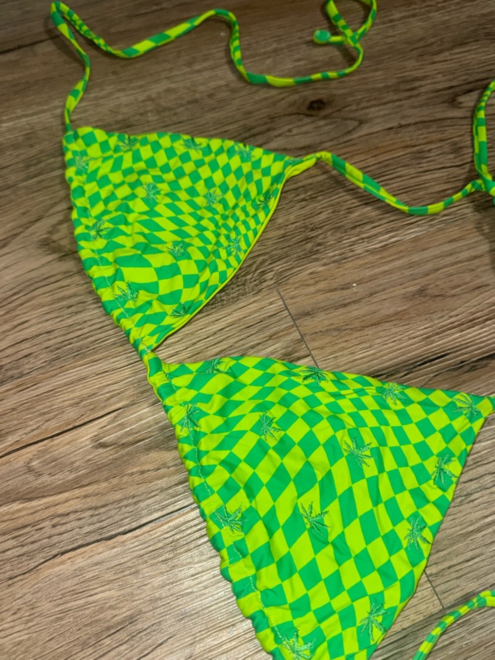 FRANKIES Bikinis Neon Green Checker Triangle Bikini Top